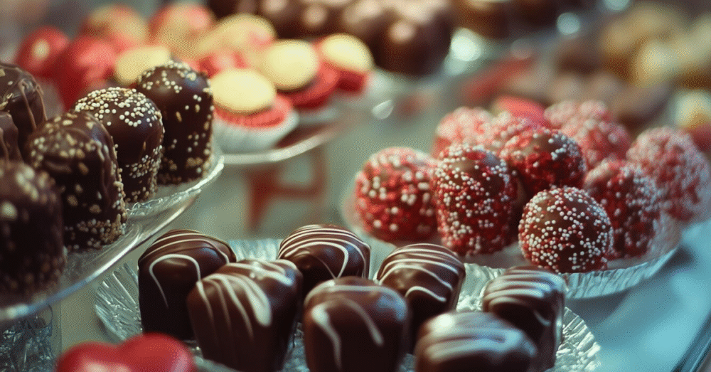 Assorted chocolate truffles and sweets on display, symbolizing food cravings and emotional eating triggers.